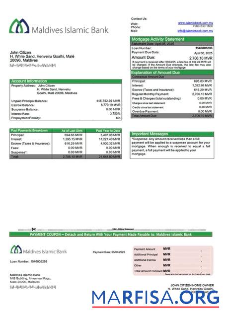 Realistic Maldives Islamic Bank mortgage statement Word and PDF template